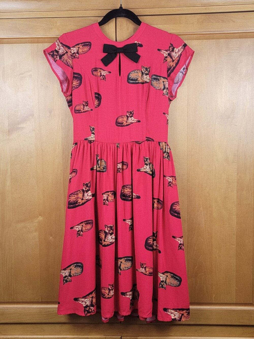 ModCloth Red Retro Sleeping Cat Print Midi Dress - S